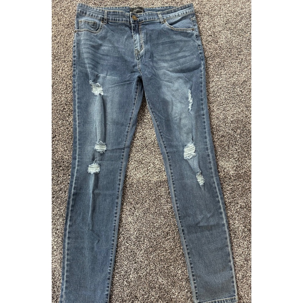 Cowboy Distressed Slim Fit Blue Denim Jeans Mens Size 38 Medium Wash Ripped